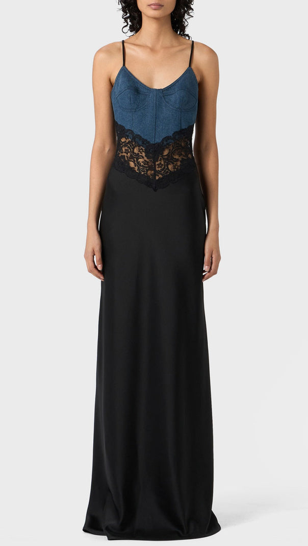 AIIZIE OLATHE DENIM LACE SATIN MAXI DRESS - product image