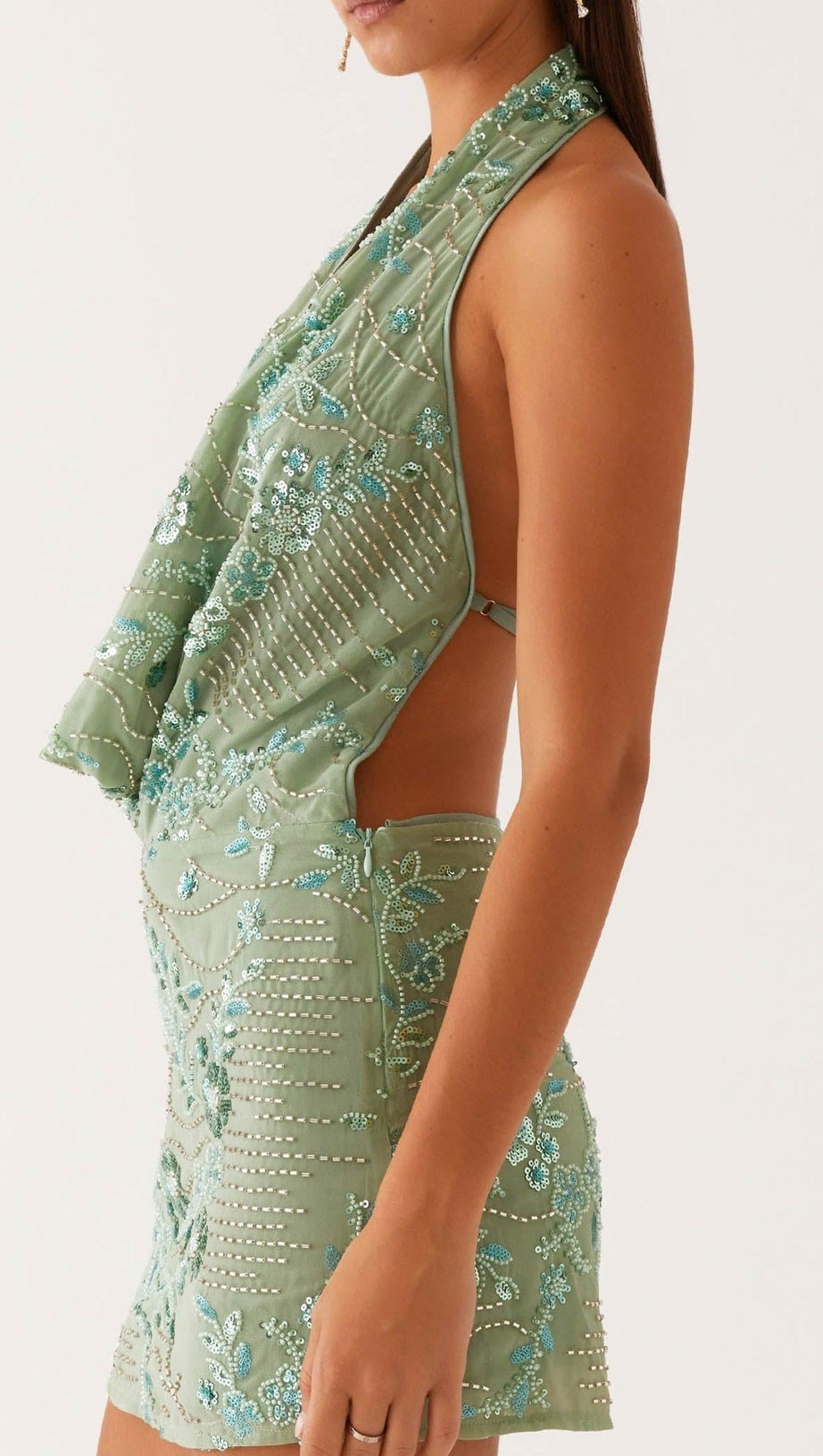 COWL NECK BEADED MINI DRESS IN MINT