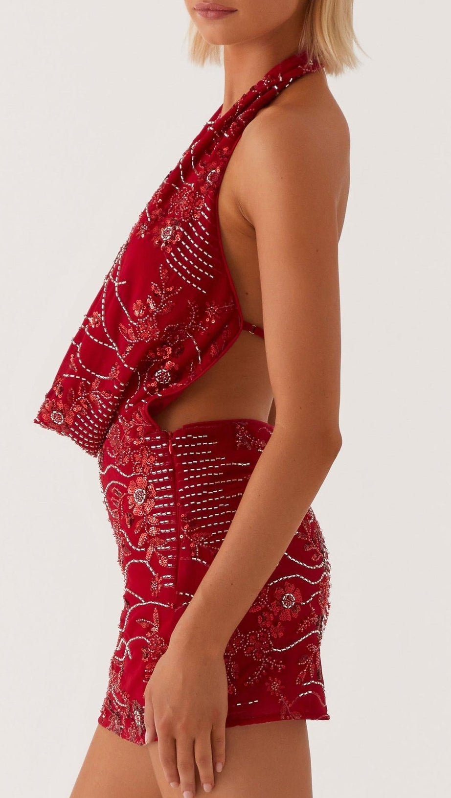 COWL NECK BEADED MINI DRESS IN RED