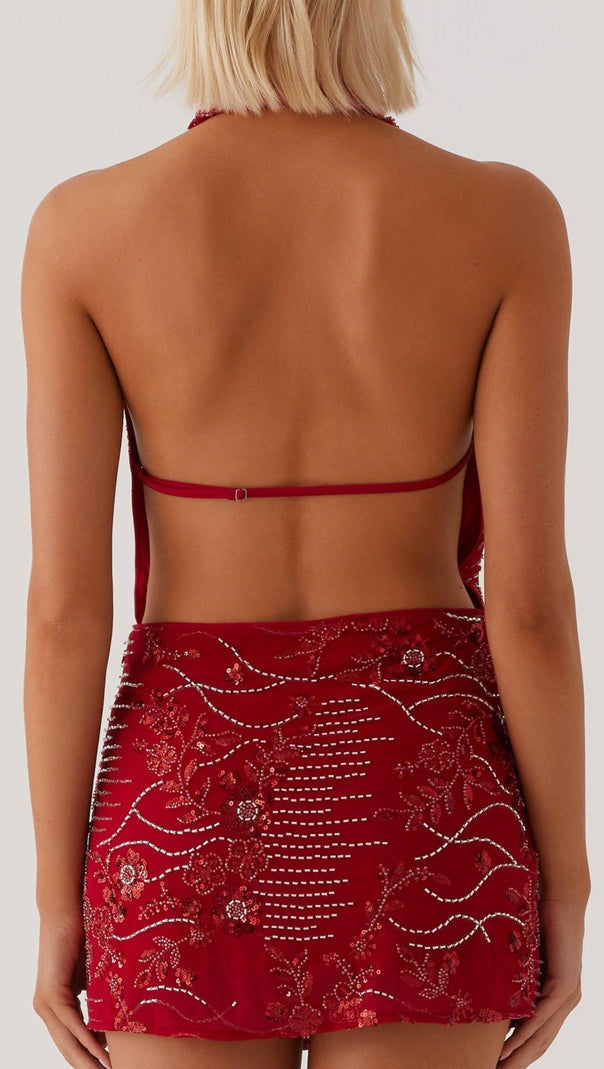 AIIZIE COWL NECK BEADED MINI DRESS IN RED - product image
