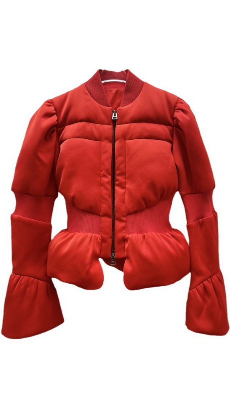 OLIVE PADDED SATIN PEPLUM JACKET