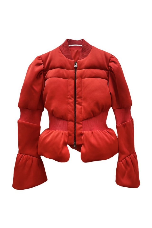 OLIVE PADDED SATIN PEPLUM JACKET