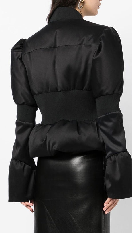 OLIVE PADDED SATIN PEPLUM JACKET