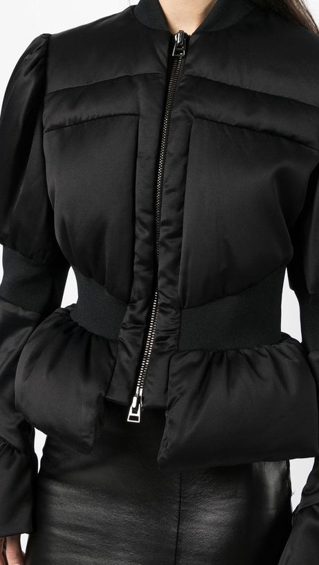 OLIVE PADDED SATIN PEPLUM JACKET