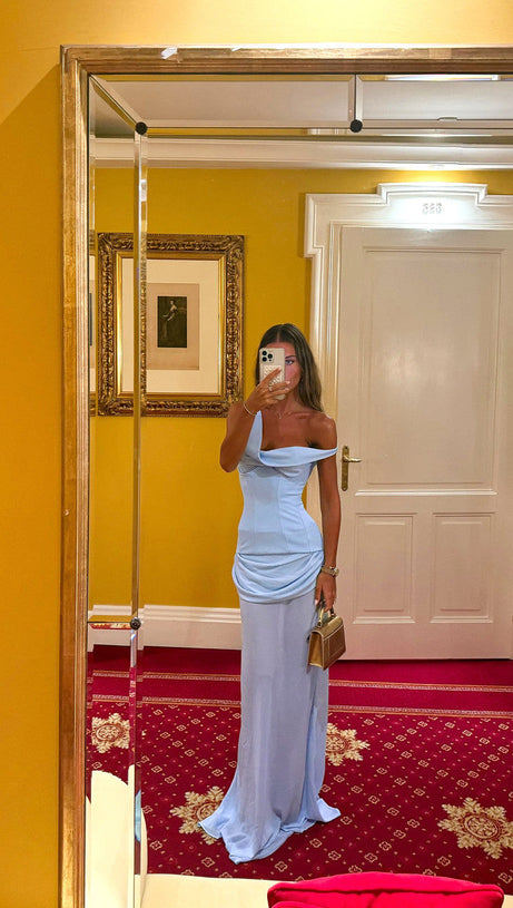 ISTAS SKY BLUE CORSET MAXI GOWN - ELEGANT ONE-SHOULDER FORMAL DRESS