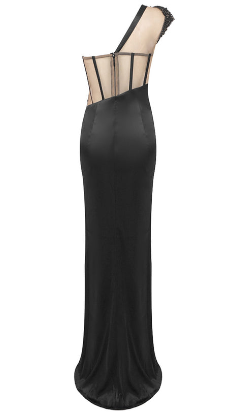 ABITO LUNGO CON INSERTI IN RETE E MONOSPALLA NERO