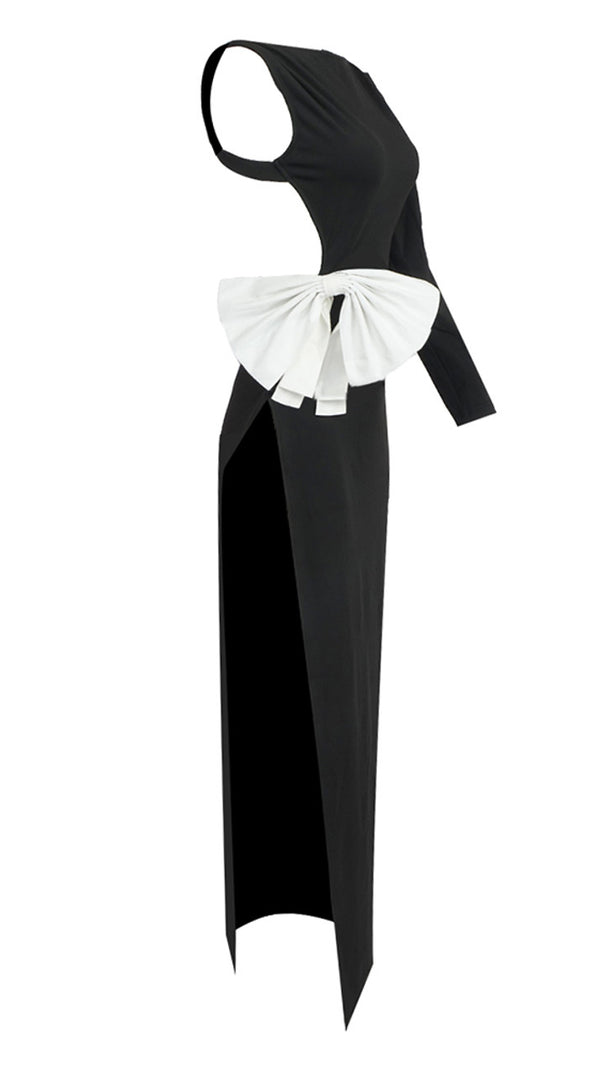 Rückenfreies Maxikleid mit Schleife und einem Ärmel in Schwarz