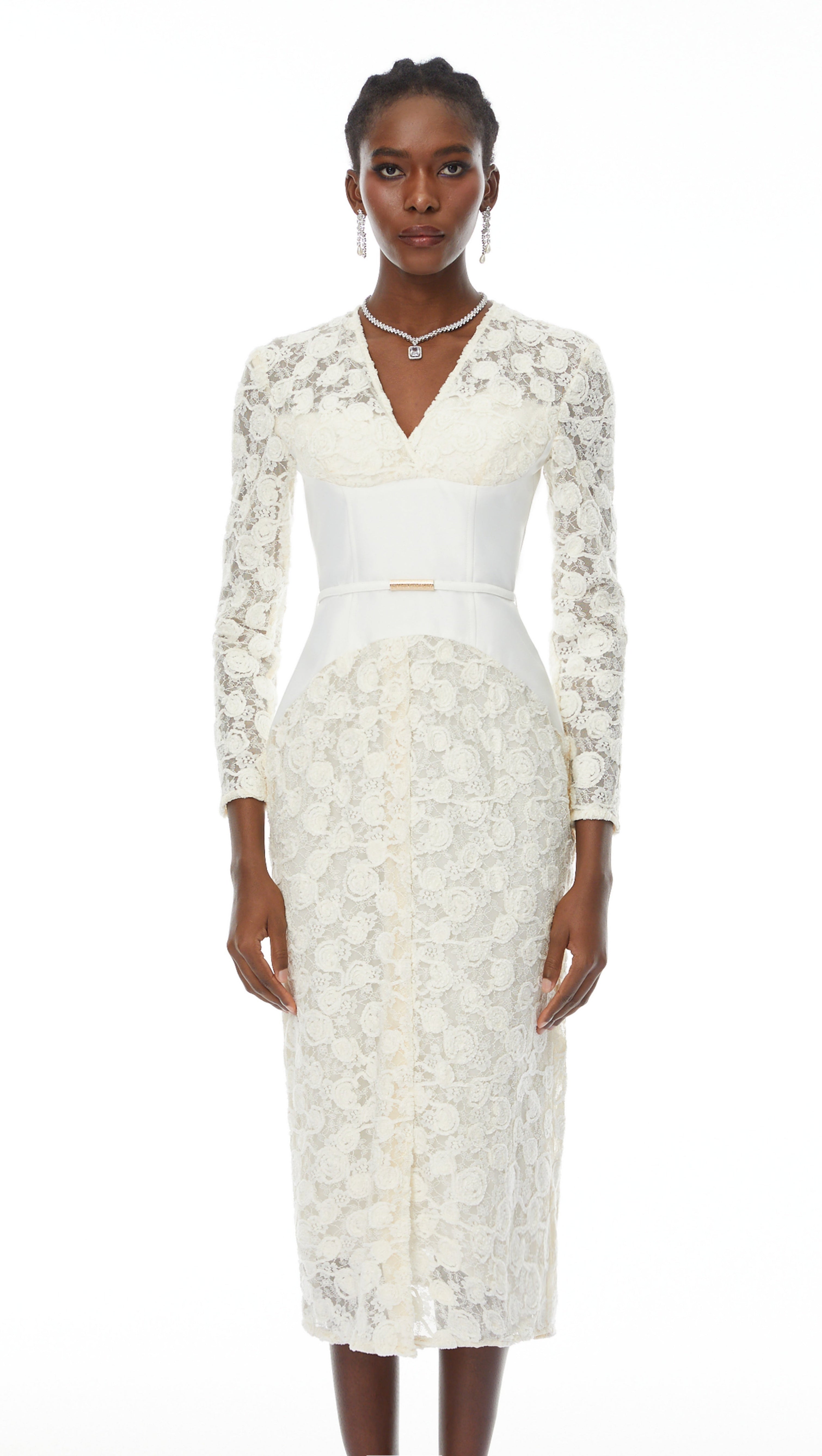 AIIZIE kimberley white v-neck lace patchwork midi dress - product image
