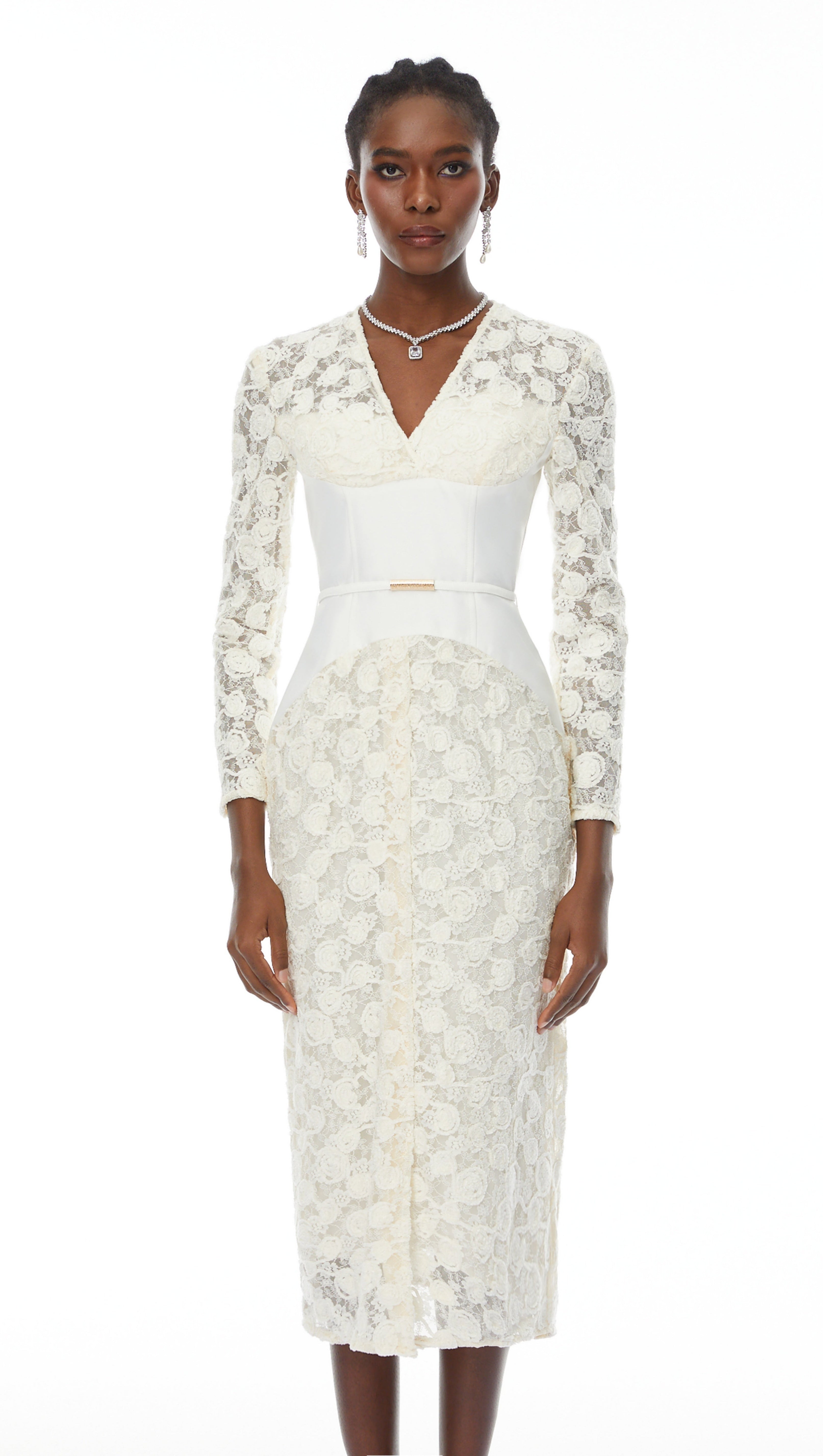 kimberley white v-neck lace patchwork midi dress