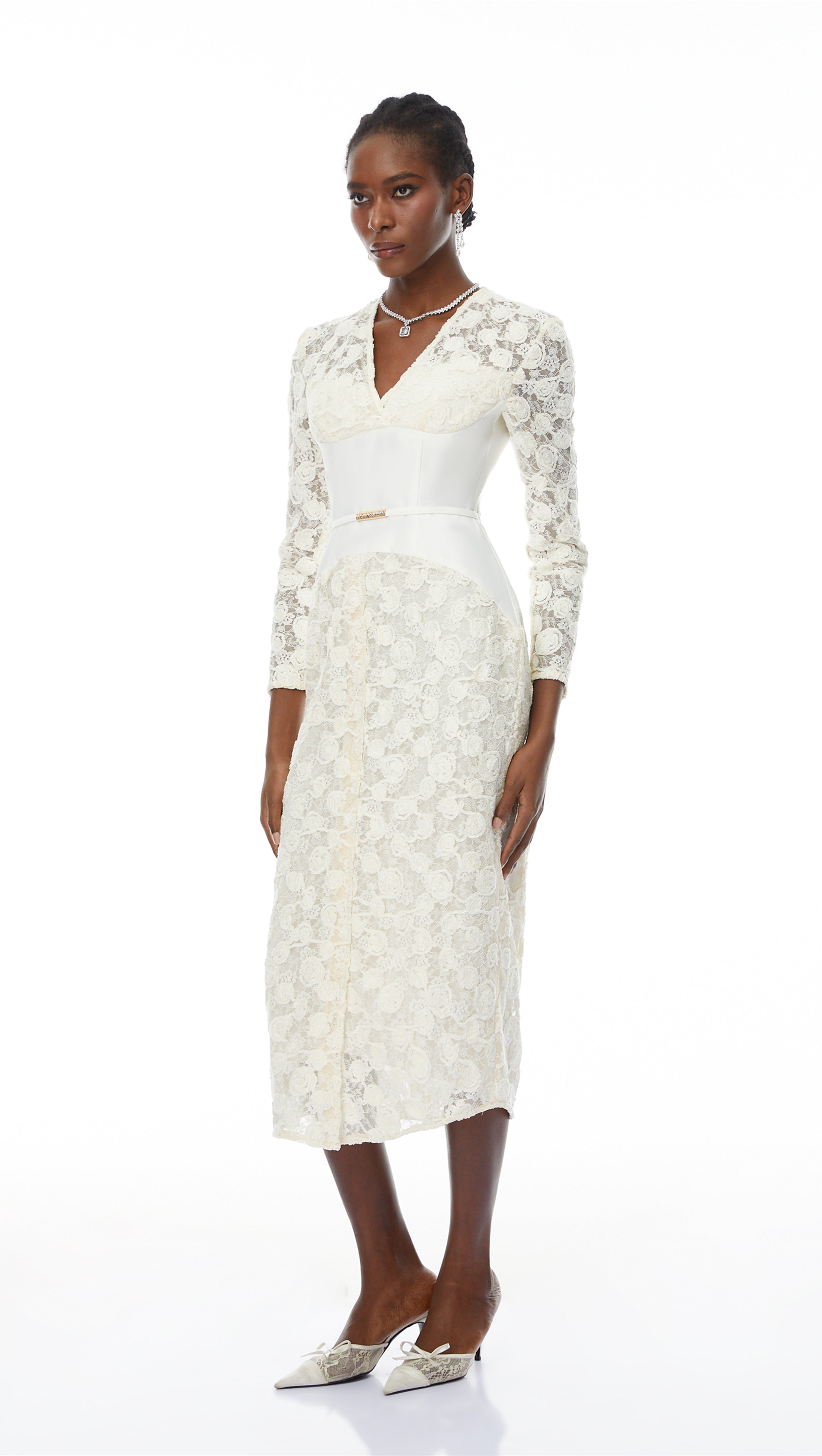 AIIZIE kimberley white v-neck lace patchwork midi dress - product image