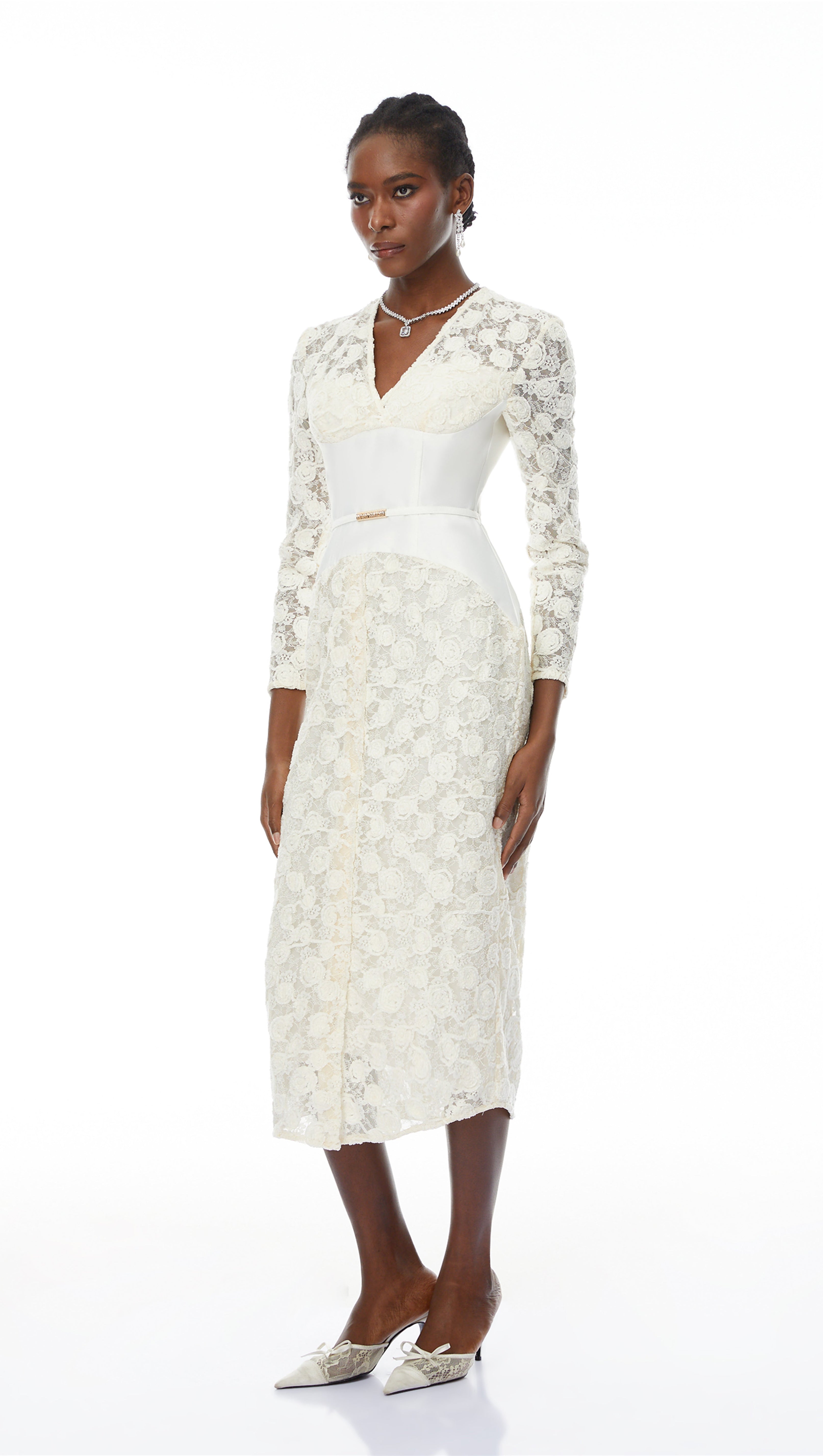 kimberley white v-neck lace patchwork midi dress