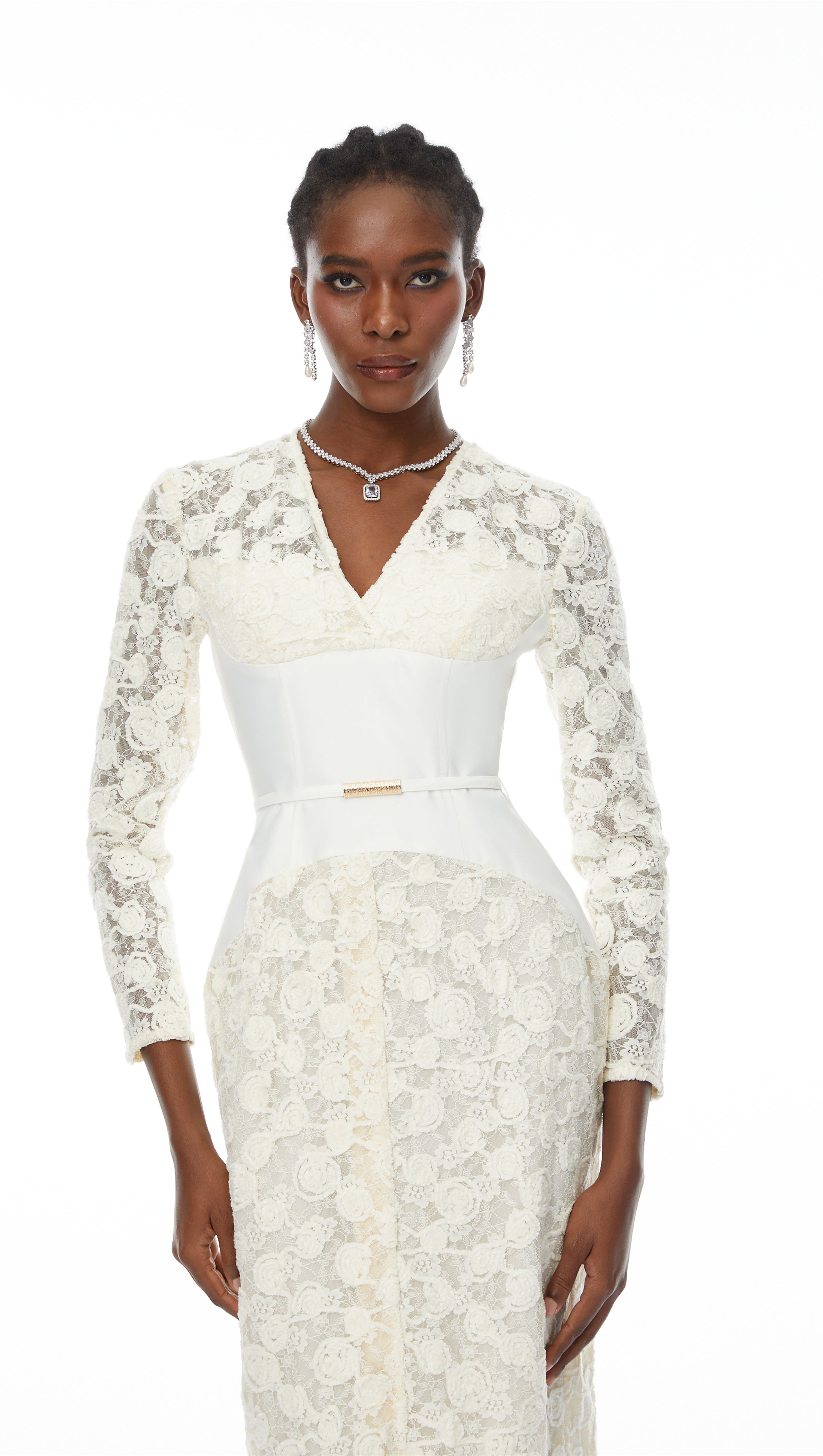 AIIZIE kimberley white v-neck lace patchwork midi dress - product image