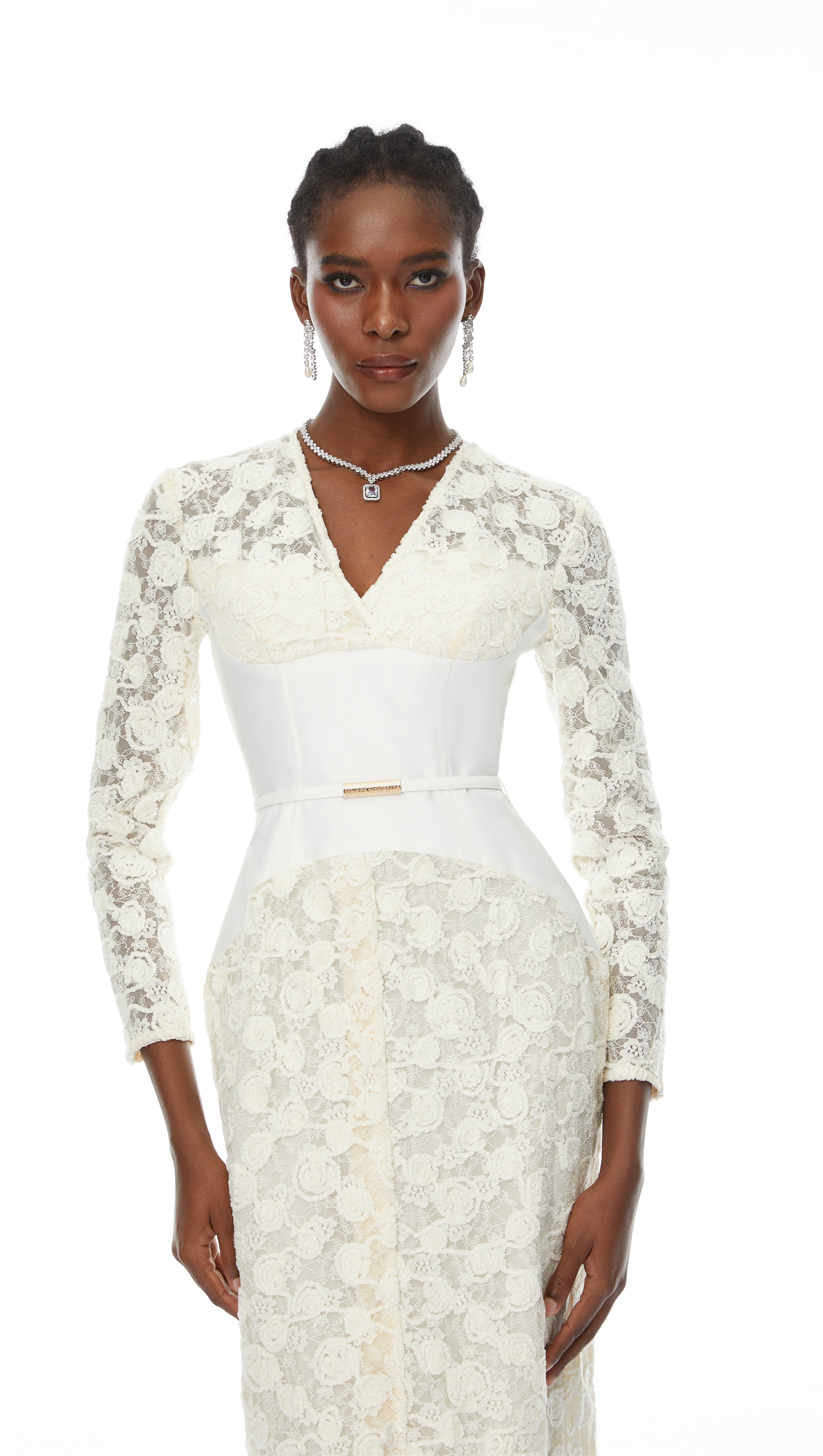 kimberley white v-neck lace patchwork midi dress