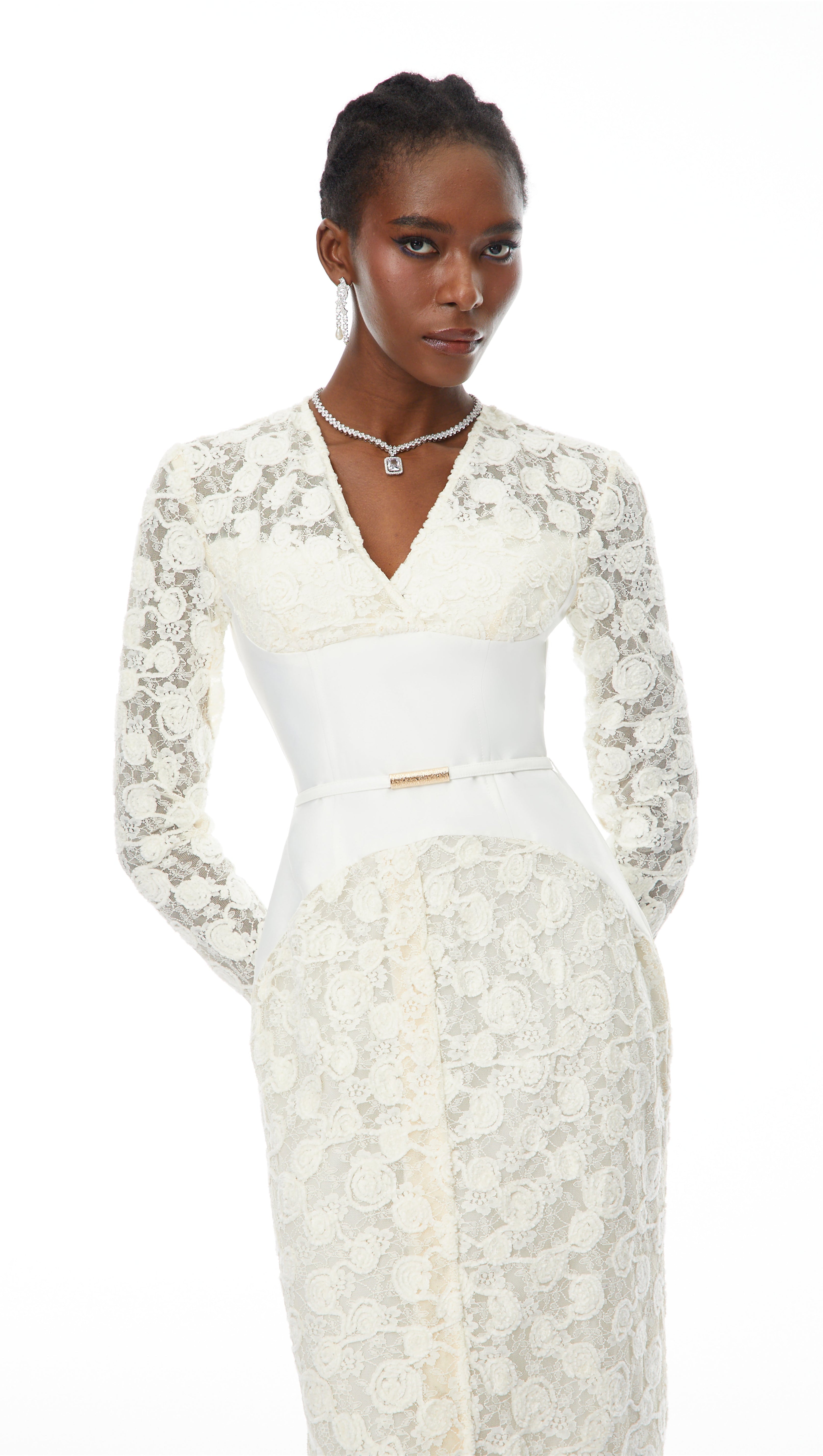 kimberley white v-neck lace patchwork midi dress