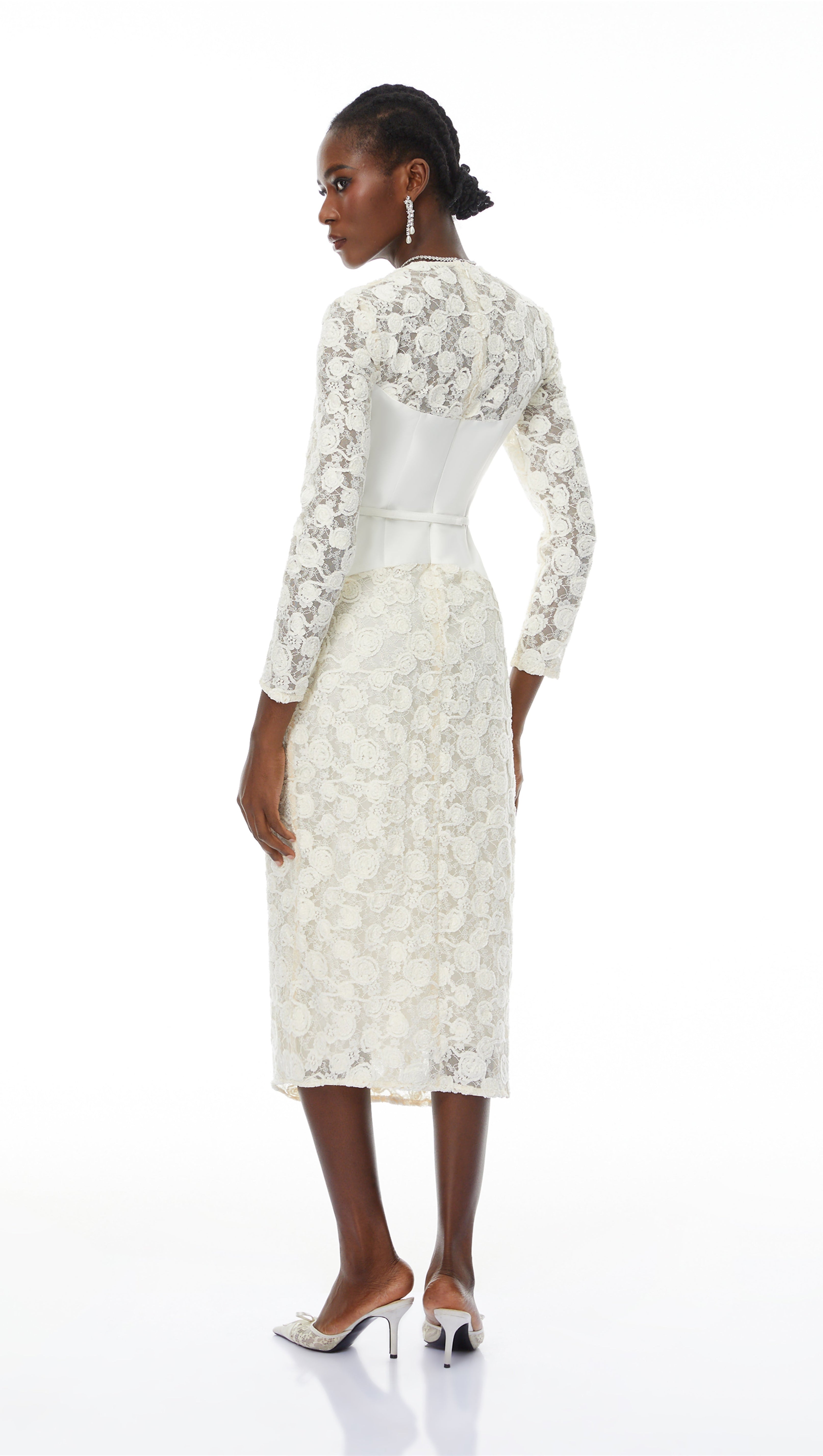 kimberley white v-neck lace patchwork midi dress