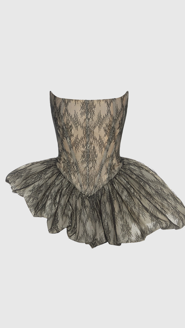 ORENTHA LACE STRAPLESS PUFF MINI DRESS