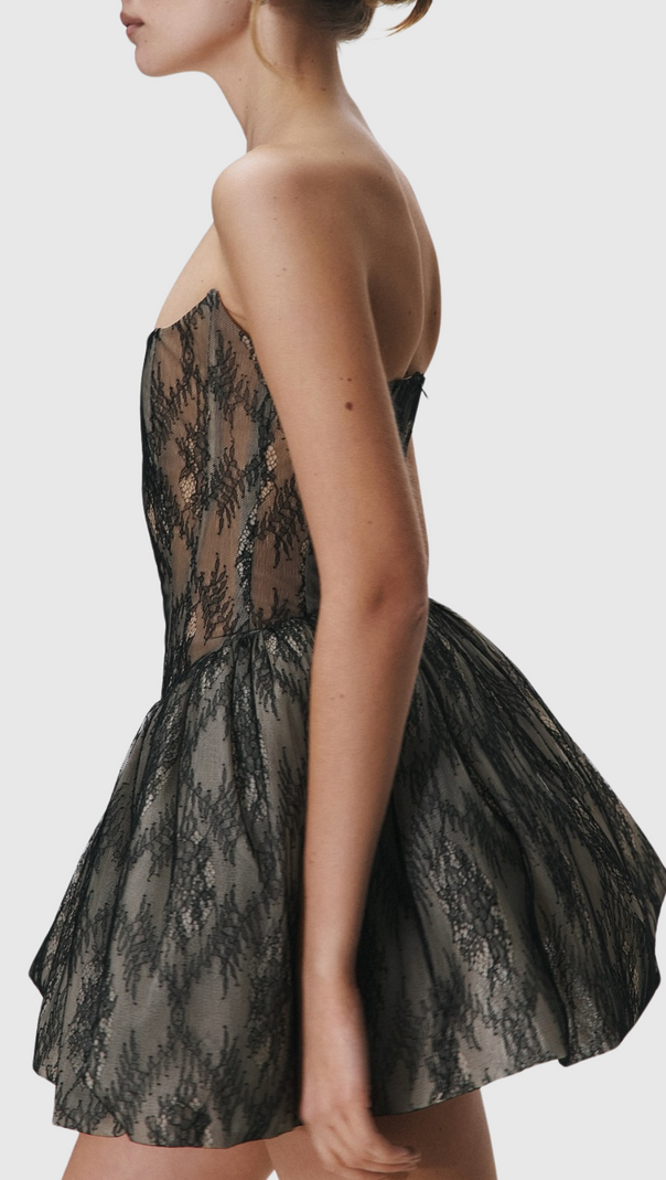 ORENTHA LACE STRAPLESS PUFF MINI DRESS