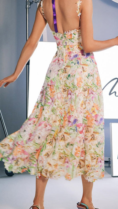 MULTICOLOR FLORAL EMBROIDERED MIDI DRESS