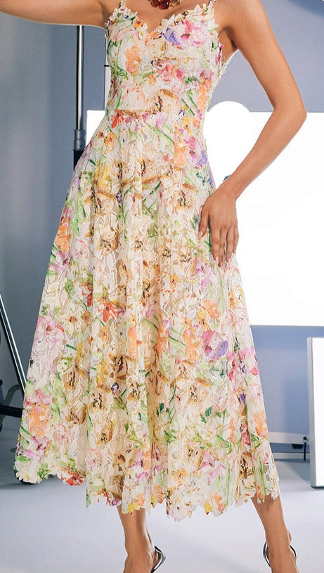MULTICOLOR FLORAL EMBROIDERED MIDI DRESS