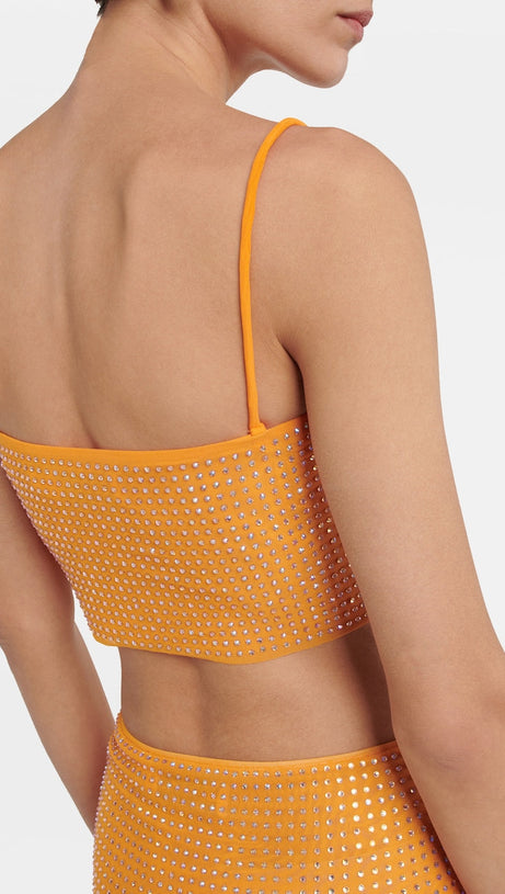 HEDWIG CRYSTAL-EMBELLISHED ORANGE CROP TOP SKIRT SUIT