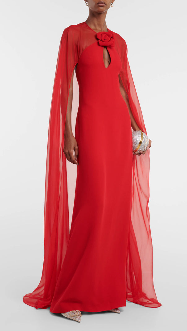 AIIZIE QUEENA 3D FLOWER SOLID CAPE SLEEVE MIDI DRESS IN RED - product image