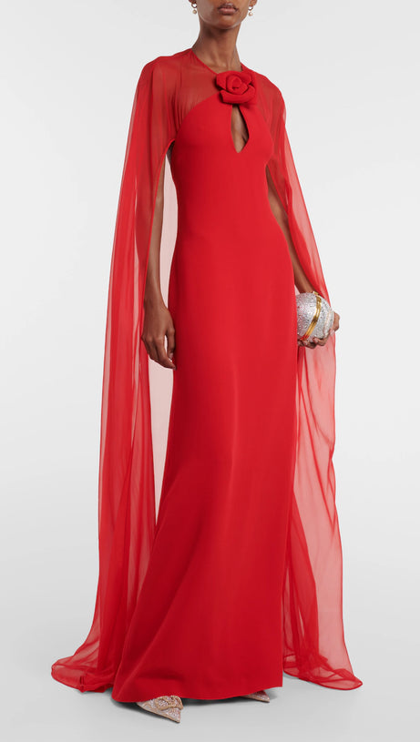 QUEENA 3D FLOWER SOLID CAPE SLEEVE MIDI DRESS IN RED