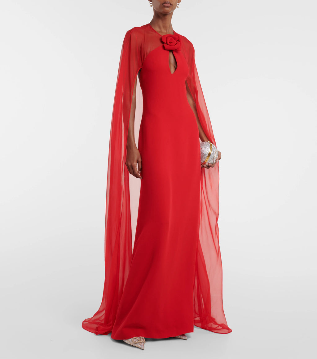 QUEENA 3D FLOWER SOLID CAPE SLEEVE MIDI DRESS IN RED