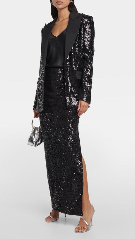 ALEXANDRA BLACK SEQUINED EMBELLISHED SATIN BLAZER