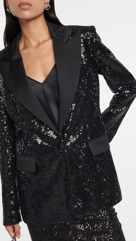 ALEXANDRA BLACK SEQUINED EMBELLISHED SATIN BLAZER