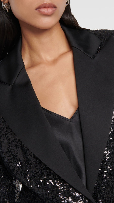 ALEXANDRA BLACK SEQUINED EMBELLISHED SATIN BLAZER