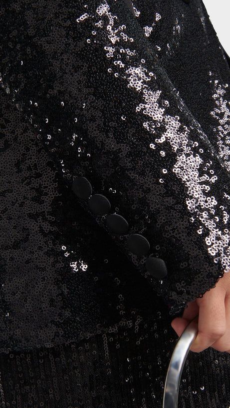 ALEXANDRA BLACK SEQUINED EMBELLISHED SATIN BLAZER