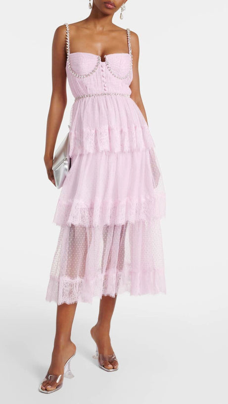 ELGINE CRYSTAL-EMBELLISHED LACE-TRIMMED MIDI DRESS