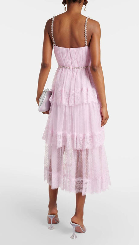 ELGINE CRYSTAL-EMBELLISHED LACE-TRIMMED MIDI DRESS