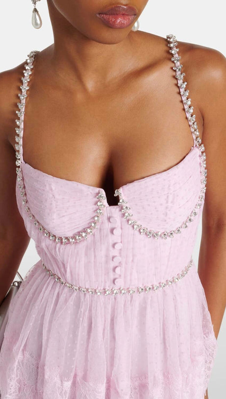 ELGINE CRYSTAL-EMBELLISHED LACE-TRIMMED MIDI DRESS