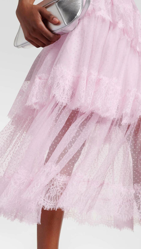 ELGINE CRYSTAL-EMBELLISHED LACE-TRIMMED MIDI DRESS