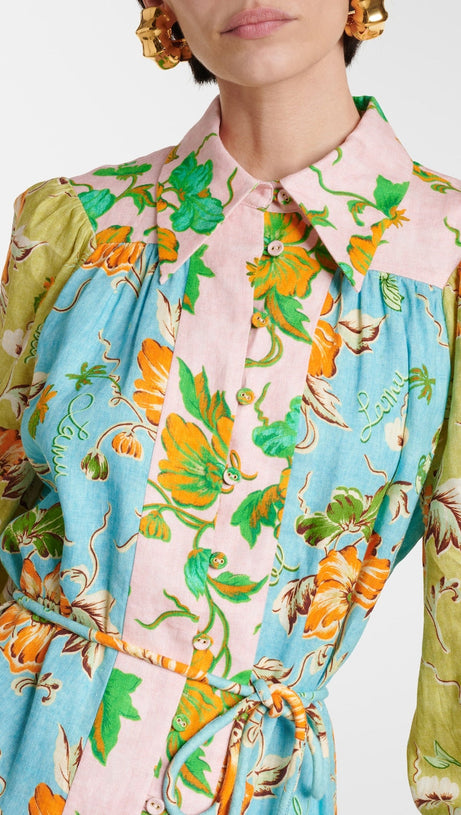 DONNA PRINTED COLORBLOCKED LINEN SHIRT DRESS
