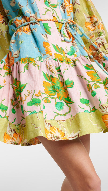 DONNA PRINTED COLORBLOCKED LINEN SHIRT DRESS
