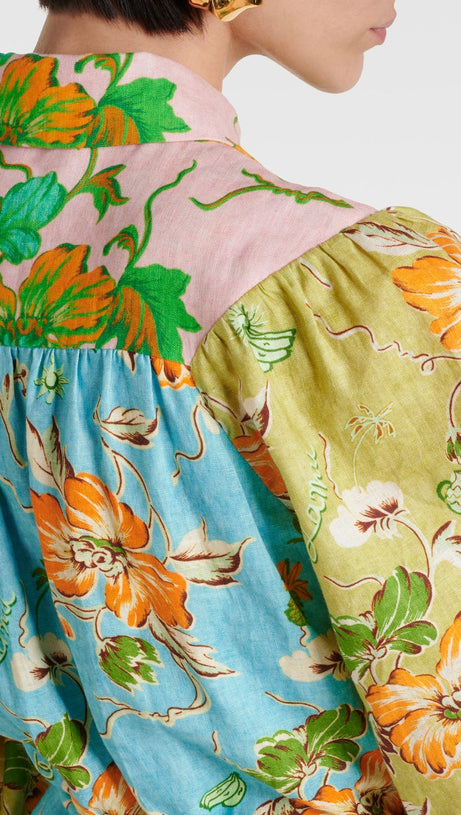 DONNA PRINTED COLORBLOCKED LINEN SHIRT DRESS