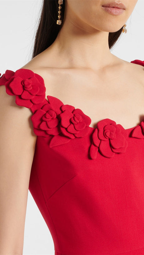 ULA EMBELLISHED FLORAL ROUND NECK MIDI DRESS IN RED