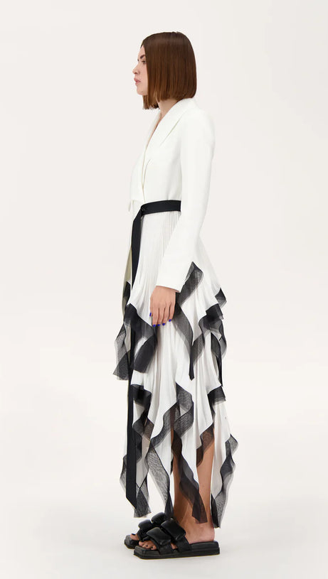ASYMMETRIC PLEATED RUFFLE TRIM BLAZER DRESS IN WHITE