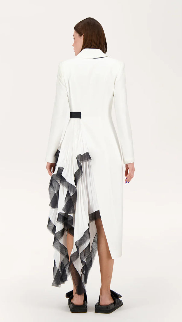 AIIZIE ASYMMETRIC PLEATED RUFFLE TRIM BLAZER DRESS IN WHITE - product image
