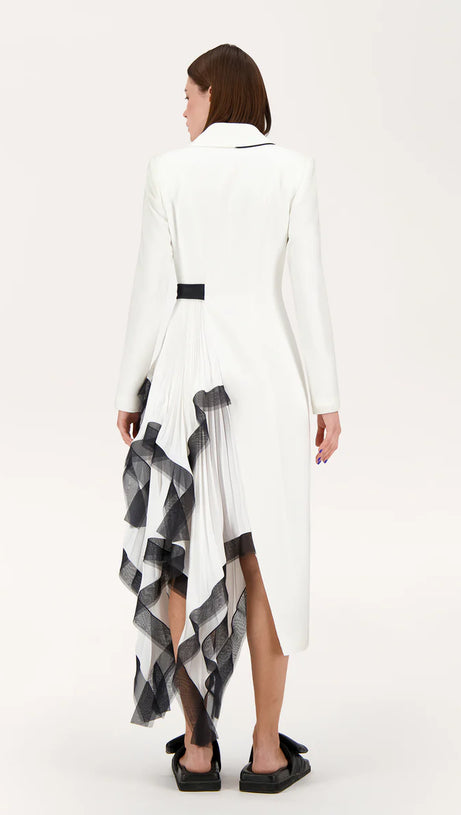 ASYMMETRIC PLEATED RUFFLE TRIM BLAZER DRESS IN WHITE