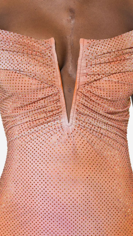 ORANGE CRYSTAL-EMBELLISHED BODYCON MIDI DRESS