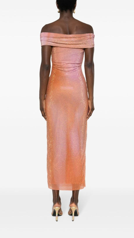 ORANGE CRYSTAL-EMBELLISHED BODYCON MIDI DRESS
