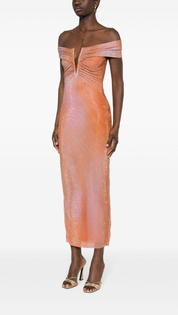 AIIZIE ORANGE CRYSTAL-EMBELLISHED BODYCON MIDI DRESS - product image
