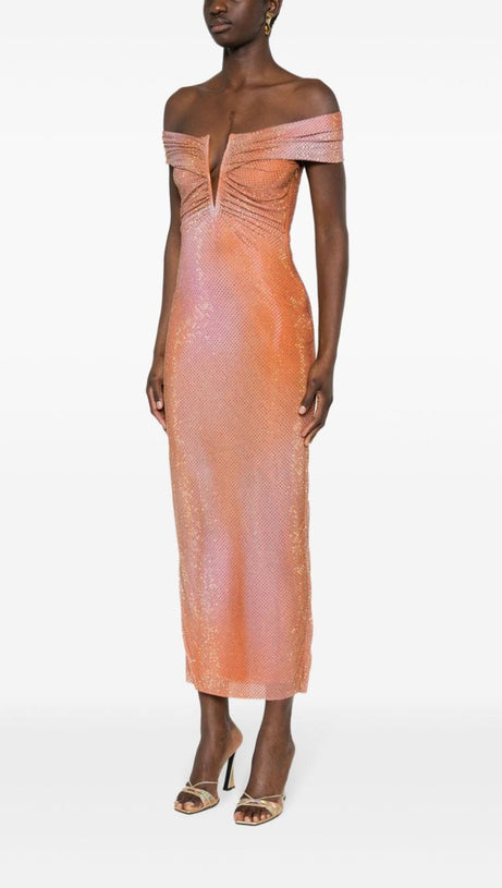 ORANGE CRYSTAL-EMBELLISHED BODYCON MIDI DRESS