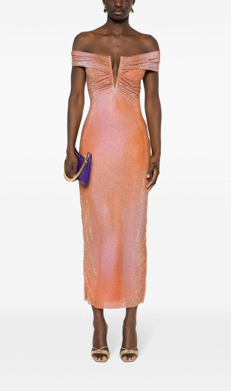 ORANGE, KRISTALLVERZIERTES, figurbetontes MIDIKLEID