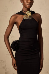 tammy Metal 3D Flower Hooded Midi Dress in black