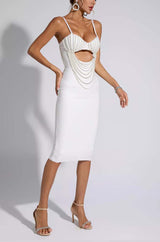 PEARL EMBELLISHED MIDI DRESS IN WHITE