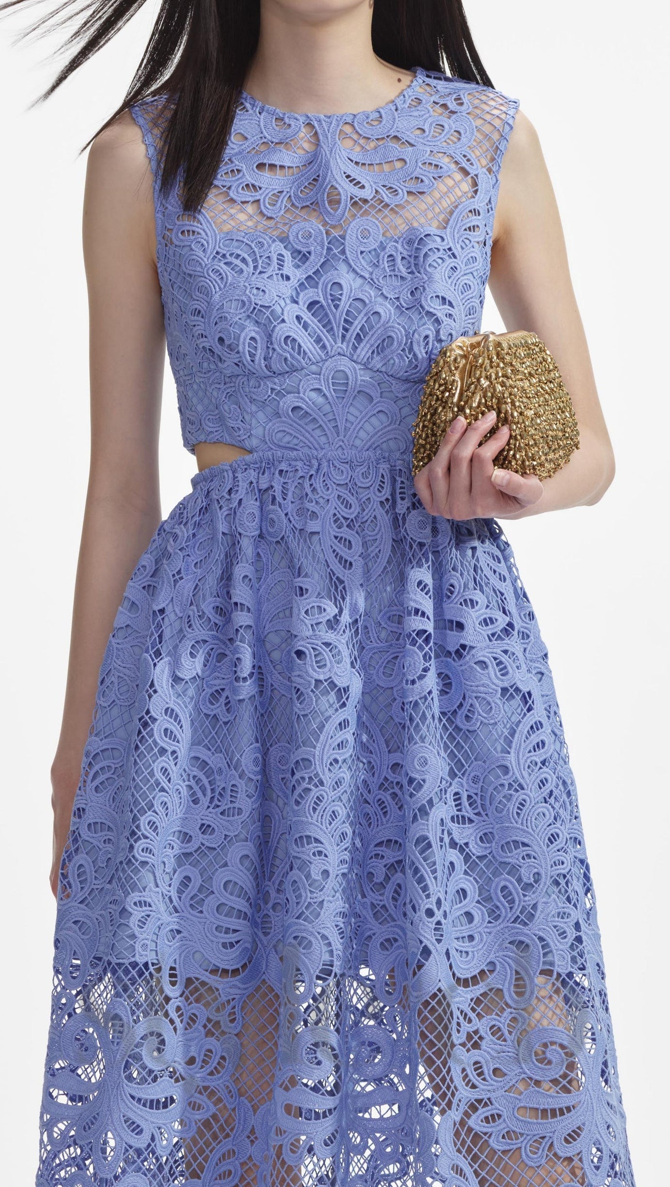 FANNY CUT-OUT LACE EMBROIDERY MIDI DRESS IN BLUE